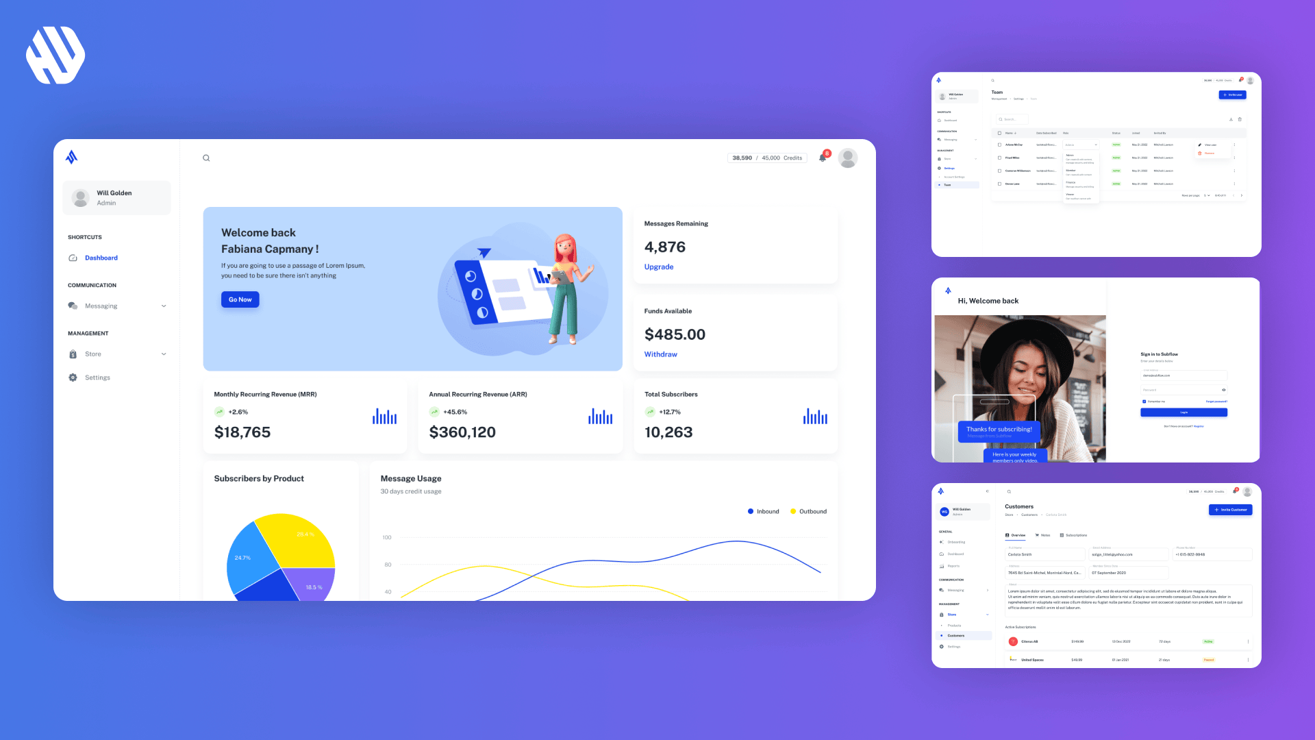 Illustration of user interface designs for analytics dashboard by Subflow brand with graphs and data visualization.